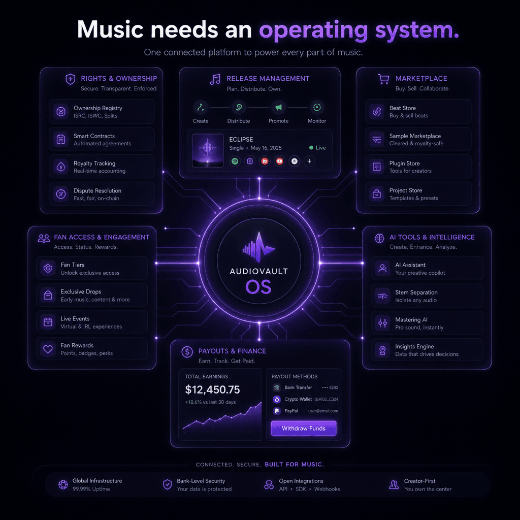 Music needs an operating system: Rights, releases, marketplace, fan access, AI tools, and payouts unified.